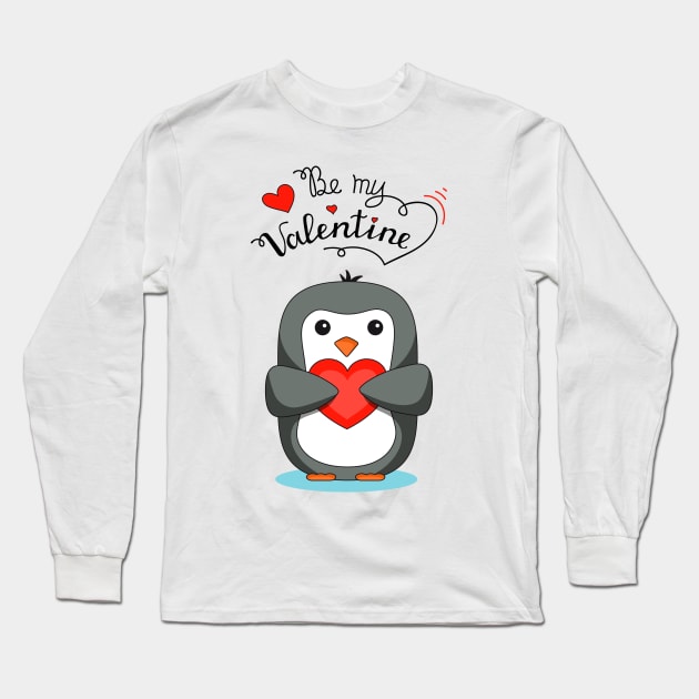 "Be my valentine" penguin with heart Long Sleeve T-Shirt by LizaAdler